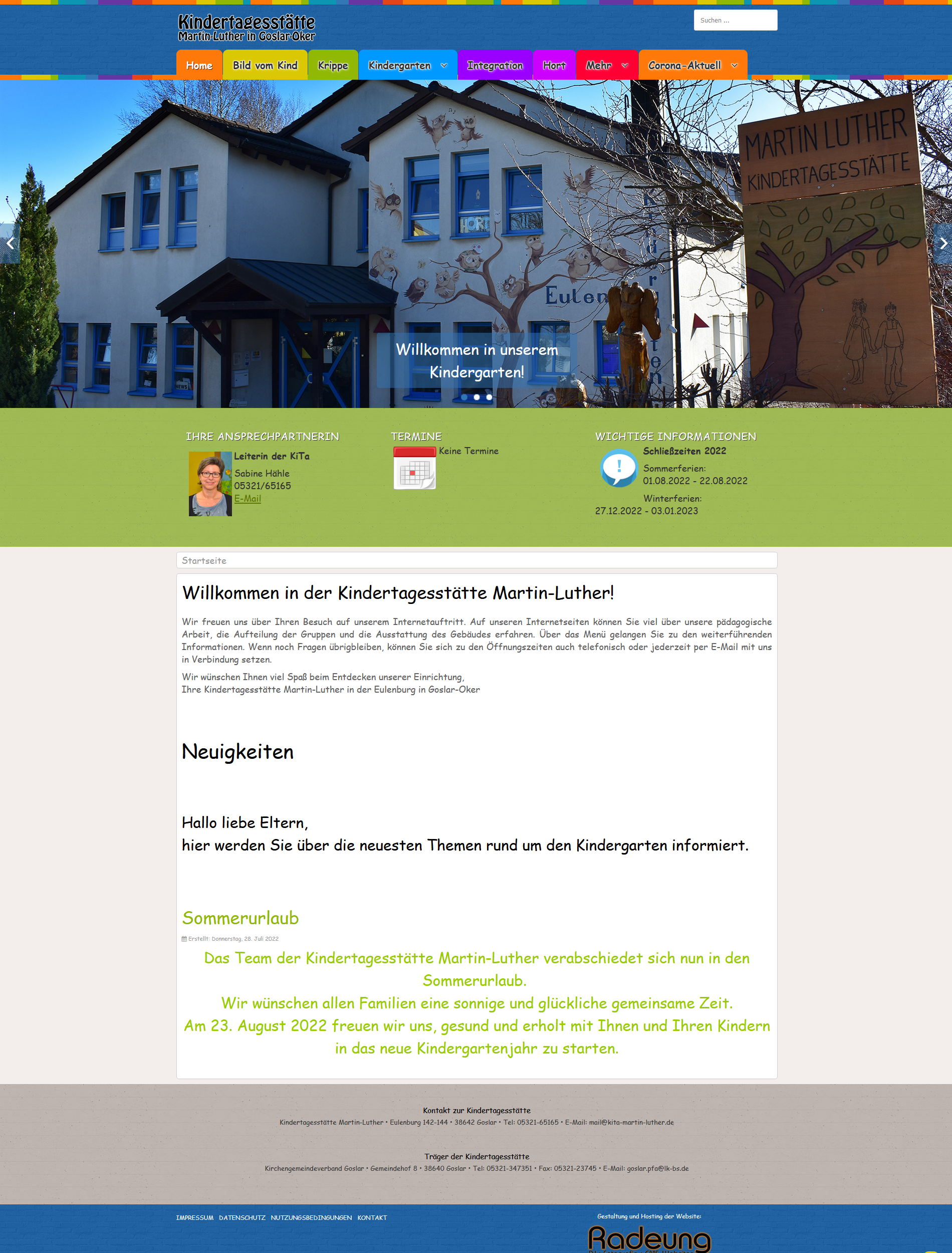 Screenshot der Homepage der Kindertagesstätte Martin-Luther in Oker